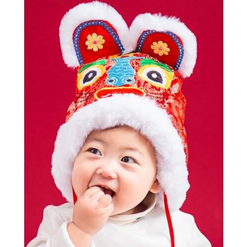 Handmade Chinese New Year Hat Chinese Tiger Head Hat Children Traditional National Embroidery Hat Festive Hat kid Birthday Gift