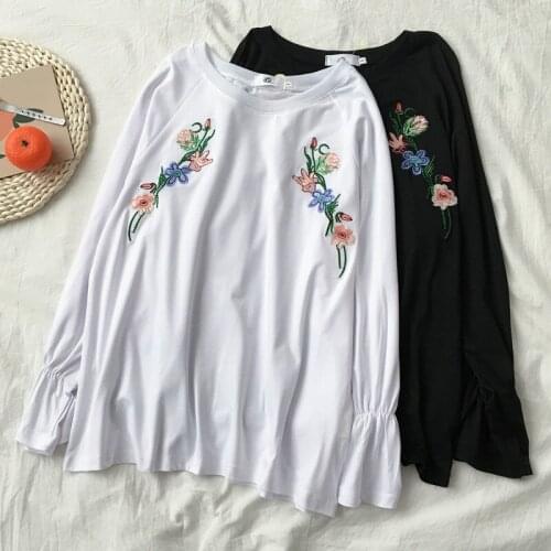 Vintage Chic Flower Women Tops Tee Shirts Spring Autumn Loose Long Sleeve Ladies Tshirt Casual Oversize Females O-neck T Shirt