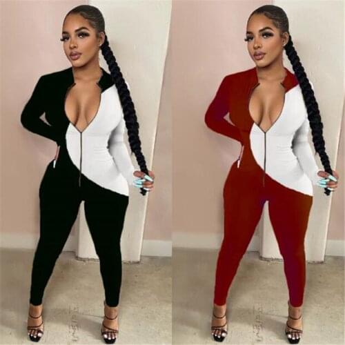 Women Causal Jumpsuit Fashion Color Block Long Sleeve Jumpsuit Zipper Autumn Spring Overalls Long Pants Casual Comfy Jumpsuit