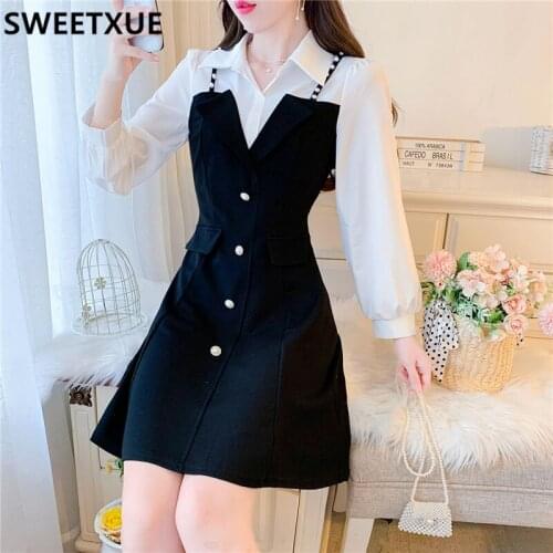 SWEETXUE Womens Shirt Dress 2021 French Fashion Designer Lapel Patchwork Long Sleeve Elegant OL Chic Dresses Vestidos