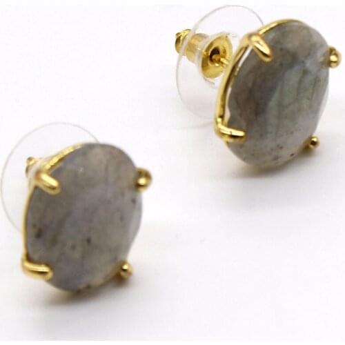 100-Unique 1 Pair Light Yellow Gold Color Oval Shape Labradorite Stone Stud Earrings Elegant Womens Earring
