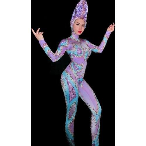 2020 Fashion Shining Purple Blue Rhinestone Jumpsuit Stretch Dance Headdress Outfit Female Singer Evening Sexy Bodysuit Wear