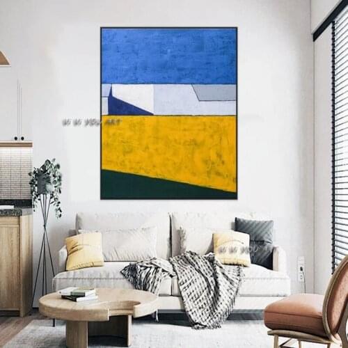 Handmade Abstract Oil Painting Large Blue and Yellow Canvas Wall Art Living Room Minimalist Contemporary Modern Decoration