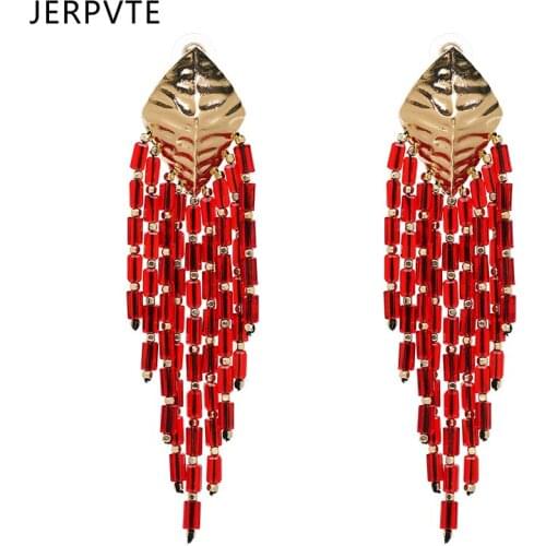 Bohemian Ethnic Red Beaded Long Tassel Earrings Women Handmade Jewelry Big Acrylic Drop Earrings Femme Statement Dangle Earings