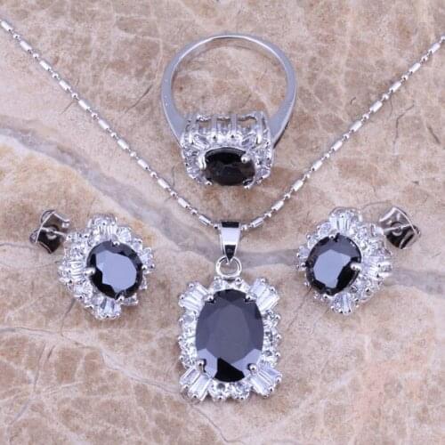 Black Cubic Zirconia White CZ Silver Plated Jewelry Sets Earrings Pendant Ring Size 6 / 7 / 8 / 9 / 10 S0085