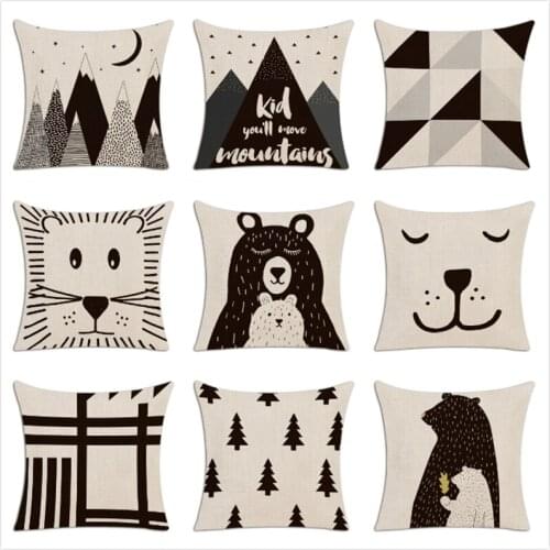 Children Simple Cushion Cover Hand Painted Cartoon Animals Pillow Case Nordic Style Forest Bear Bookcase Mountain Pillow Cover