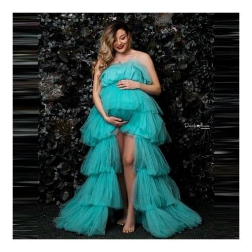 Elegant Hi Low Puffy Tulle Maternity Dresses Strapless Tiered Flouncing Plus Size Pregnancy Photo Shoot Gowns