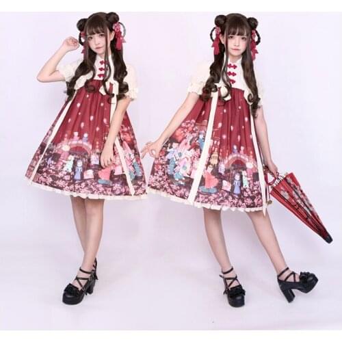 Cat Lantern Show Chinese Style Hanfu Ruqun Dress Lolita OP Short Sleeve Dress Cute Fairy Kei Red & Black
