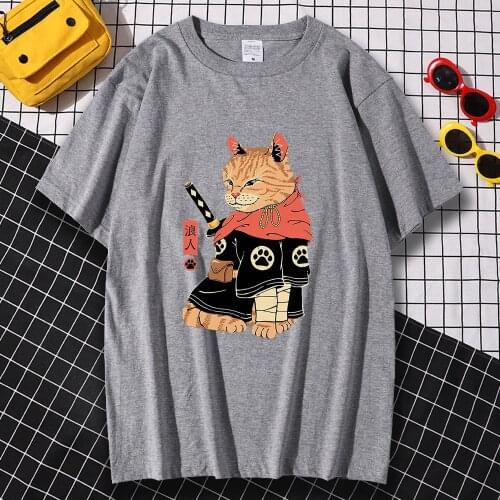 Japan Ukiyo E Style Orange Cat Printing T-Shirts Man Loose Traveling T Shirt Comfortable Clothing Vintage Crew Neck Man T-Shirts