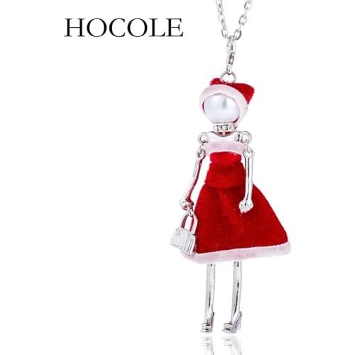 HOCOLE 2018 New Handmade Christmas Doll Pendants Necklace Long Red Dress Rhinestone Necklace for Women Girl Kids Jewelry Gift