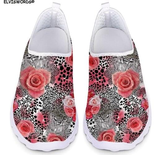 ELVISWORDS Leopard Print Rose Flower Pattern Fashion Women Flats Shoes Air Mesh Comfortable Slip on Loafers Ladies Sneakers