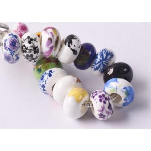 2# 15x9mm Round Flower Patterns Ceramic Porcelain Big Hole Loose Beads For Jewelry European Charms Bracelet Making DIY