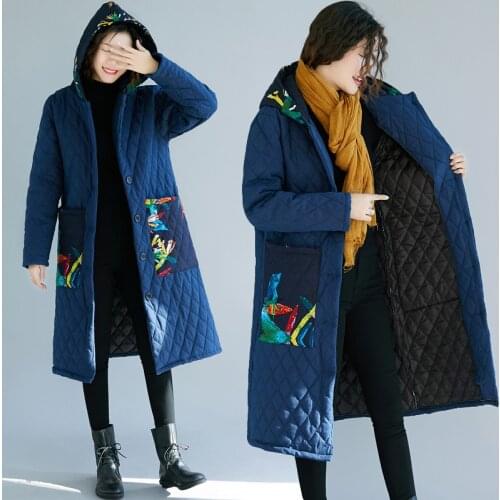 2020 Autumn Winter Jackets Womens Hooded Coats Retro Printed Pocket Oversized Parkas Outerwear Plus Size Winter Coats