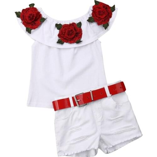 Citgeett Summer Toddler Girl Floral Off-Shoulder Cotton Tops+Denim Ripped Shorts White Fashion Outfits