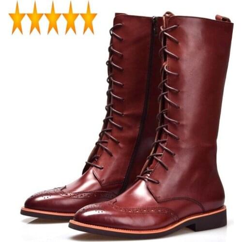 Men British Style Pointed Toe Knee High Luxury Brand Genuine Leather Winter Long Booties Black Lace Up Boots 38-44