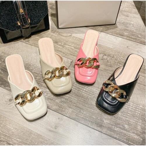 Womens Square Head Loafers Slip-on Mules Low-heeled Slippers Wedding Platform Casual Female Shoes Metal Luxury Shoes Ladies 43