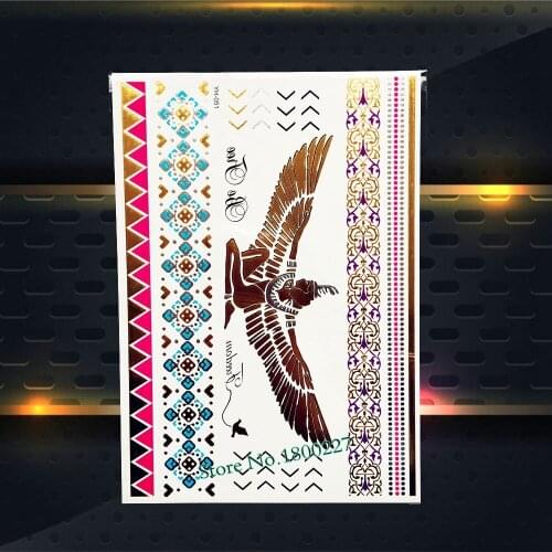 Hot Populart Temporary Gold Tattoo Indian Angel Wing Feather Eagle Heart Design Women Body Art Waterproof Tattoo Sticker PYH-051