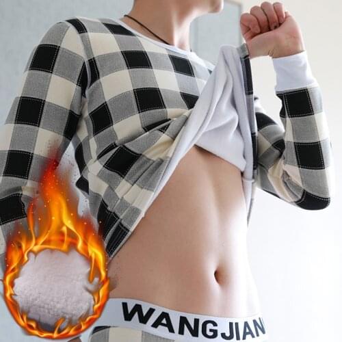 Plus Size Men Thermal Underwear Sets Plus Velvet Thicken Winter Warm Plaid Sleepwear Long Johns Long Sleeve Tops Leggings Pants