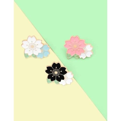 Pink White Black Sakura Flowers Enamel Pin Cherry Blossom Brooches Bag Lapel Pin Cartoon Plant Badge Jewelry Gift for Friends