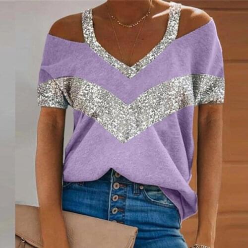 Sequins Patchwork Sexy Off Shoulder Blouse Women Summer Halter V-neck Short Sleeve Shirt Plus Size Tees Tops Female Blusa