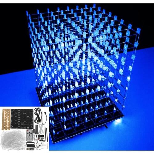 DIY WIFI APP 8x8x8 3D Light Cu-be square Kit Blue LED MP3 Music Spectrum Electronic Kit No Housing