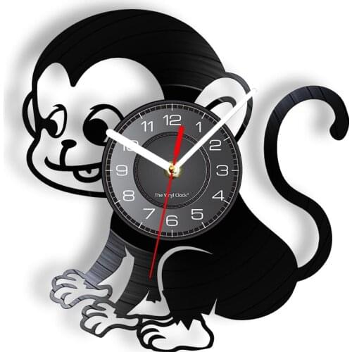 Lovely Monkey Vinyl Album Re-purposed Record Clock Wild Animal Smart Monkey Wall Watch With LED Illumination Retro Nursery Decor