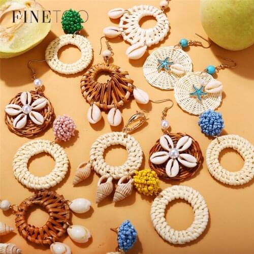 Boho Ocean Beach Starfish Cowrie Shell Rattan Earrings Vintage Handmade Braided Geometric Bamboo Wicker Straw Wooden Earrings