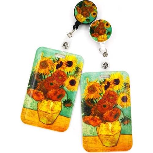 Van gogh Oil painting Sunflowers ID Retractable Badge Holder Reel ID Badge Holder Clip Name Card Keychain Nurse Work Decorations
