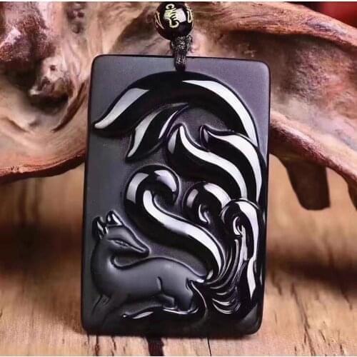 Fine Jewelry Pure Natural Obsidian Superb Frosted Polishing Nine Tails Fox Necklace Pendant Free Shipping