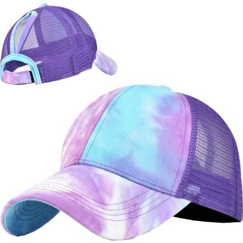Women Summer Cotton Tie Dye Ponytail Baseball Cap Female Outdoor Mesh Sun Hat Girl Personality Sport Gorras Adjust with Velcro