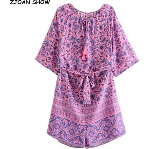 2020 Summer Location Paisley Floral print Romper BOHO Short Sleeve Women Bodysuits Tassel Tie Bow Sashes Jumpsuit Overalls