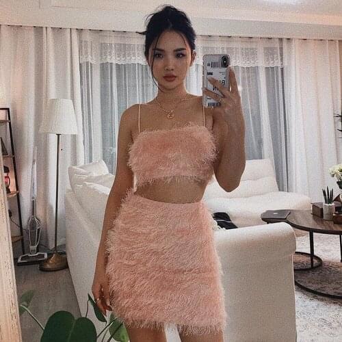Diseyar Pink Women 2 Piece Set Bodycon Dress Ruffles Off Shoulder Crop Top Autumn Winter Dress Casual Short Club Vestidos
