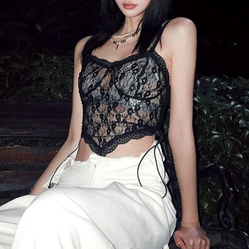 Womens Floral Lace Camisole Sexy V Neck Spaghetti Strap Backless Drawstring See Through Crop Cami Top