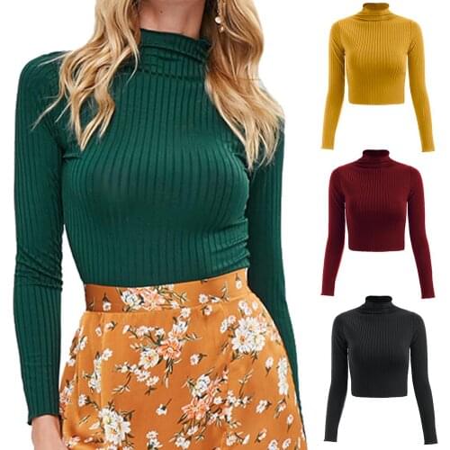 Women Autumn Turtle Neck Long Sleeve Ribbed Thin Slim Bottoming Shirt Crop Top