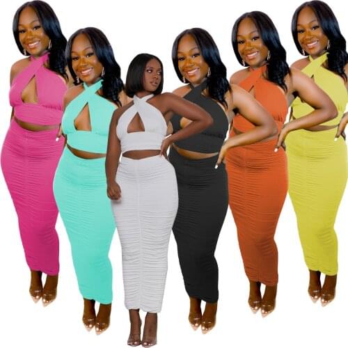 2021 Summer New Style Womens Fashion Sexy Solid Color Jacket Hollow Chest Wrap Pleated Skirt Skirt Suit