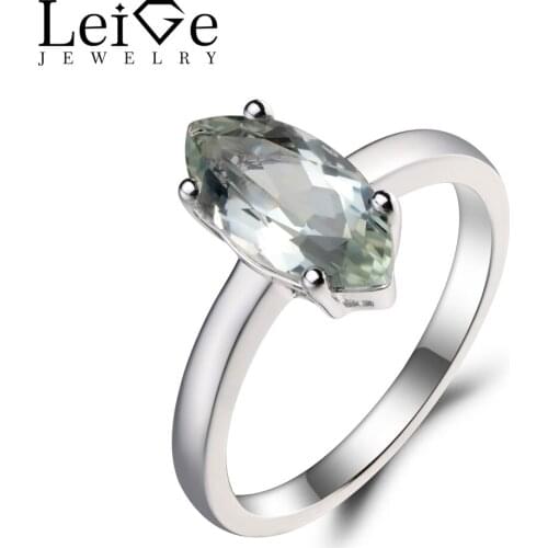 Leige Jewelry Real Natural Green Amethyst Ring Wedding Ring Solitaire Ring Marquise Cut Green Gemstone 925 Sterling Silver Ring