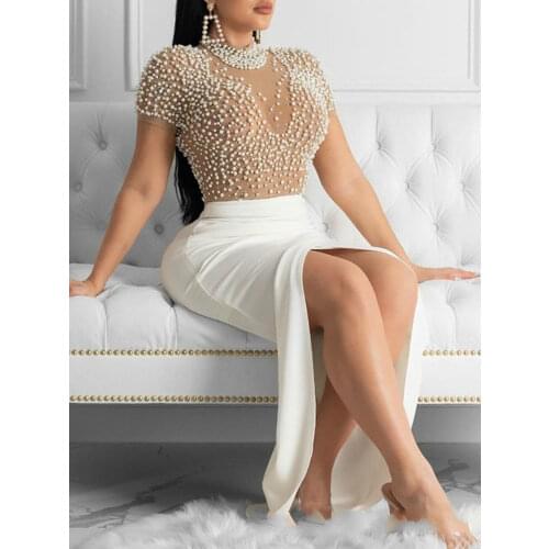 Sexy See Through Party Dress Bodycon Warp Dress with Bead Transparent Tops Maxi Dresses for Women White Black Date Night Clothes
