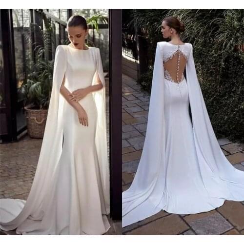 Elegant Mermaid Wedding Dresses Long Cap Sleeves Lace Appliques Illusiuon Back Beach Bridal Gowns Simple White Vestido De Novia