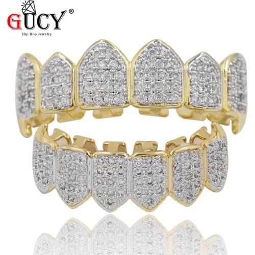 GUCY Hip Hop Teeth Grillz Top & Bottom All Iced Out Grills Dental Vampire Fang Caps Party Jewelry Halloweens Gift