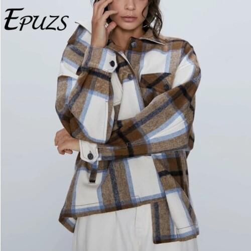 2021 Women Oversize Pocket Long Sleeve Jacket Coat Vintage Lapel Plaid Slim Elegant Famale Outerwear Chic Top EPUZS