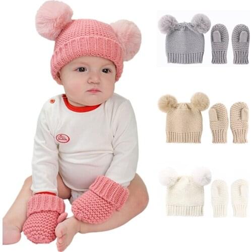 Kids Hat Gloves Two-piece Set Childrens Crochet Pompom Balls Hats and Gloves Winter Boys Girls Knitted Warm Caps TD438