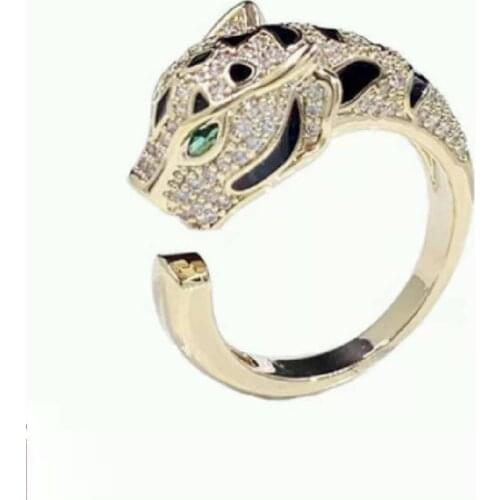 Personality Micro-inlaid Zircon Green Eyes Animal Index Finger Ring Opening Leopard Head Ring Domineering Hipster Net Red