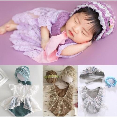 3Pcs Newborn Photography Props Suit Lace Romper Hat Pillow Headband Set Knit Outfits Clothing Infants Shooting Photo Gifts