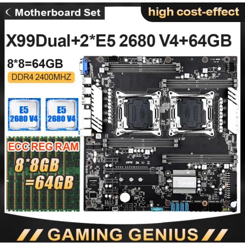 JINGSHA X99 Dual CPU Motherboard Set with E5-2680V4 CPU and DDR4 8*8GB=64GB ECC REG 2400MHZ With VGA USB3.0 Sata 3.0