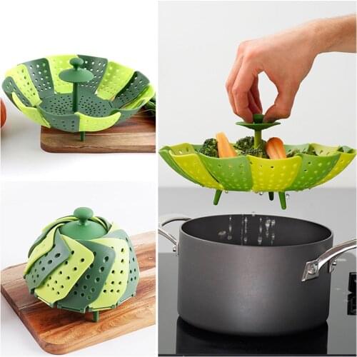 Expandable Foldable Steamer Fruit Basket Food Storage Container Silica Gel Vegetable Steamers Kitchen Supplies Cooking Tool