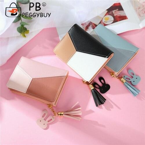Fashion Women Contrast Color Short Wallet with Tassel and Rabbit Pendant Casual All-match PU Leather Zipper Coin Mini Purse
