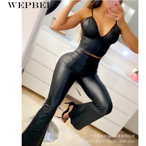 WEPBEL Fashion Women Outfits Ladies Sexy PU Leather Spaghetti Strap Crop Top & Flared Pants Two Pieces Set Female Tracksuit