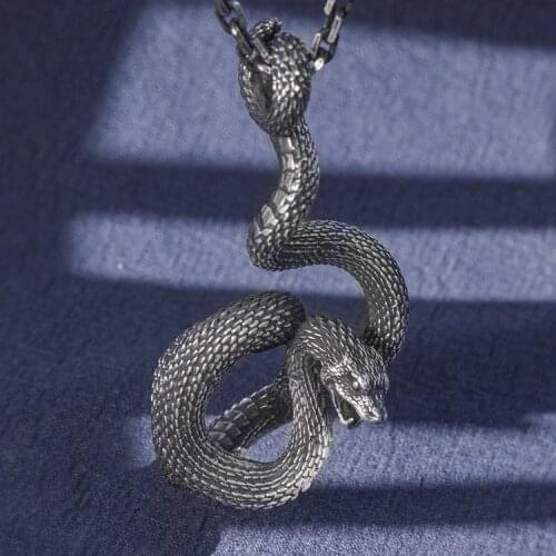 999 solid Sterling Silver Mens snake King Handmade high details retro pendant charm amulet A5177