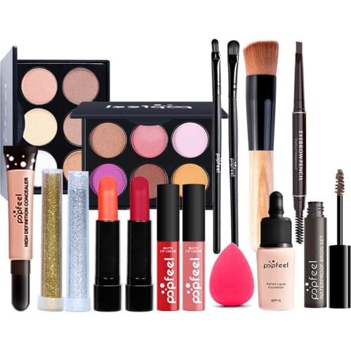 14Pcs/Bag Full Makeup Set Brush Eye Shadow Glitter Concealer Mascara Eyebrow Eyeliner Lip Gloss Liquid Lipstick Cosmetic Puff