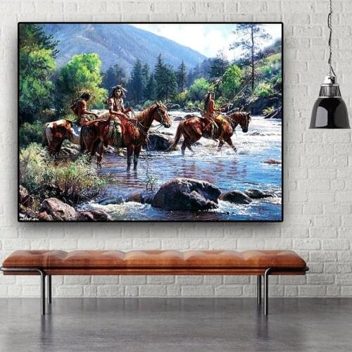 Native Indian Ride Horse Landscape Abstract Canvas Painting Posters and Prints Cuadros Wall Art Picture for Living Room No Frame